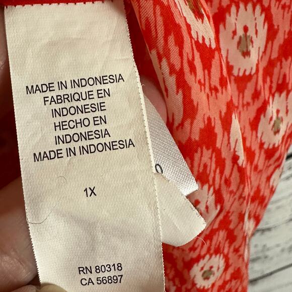 Womens Lucky Brand Coral White Print Boho Silky Sheer 3/4 Sleeve Flowy Blouse 1X - Picture 5 of 6